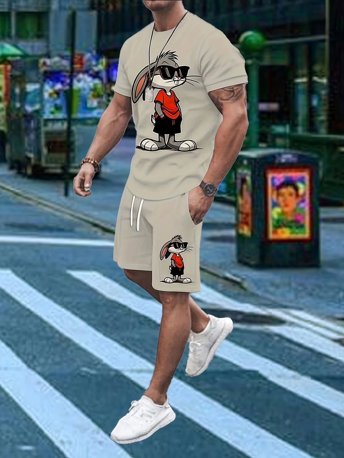 Men's Cartoon Rabbit Print Short-Sleeve T-Shirt and Shorts Set