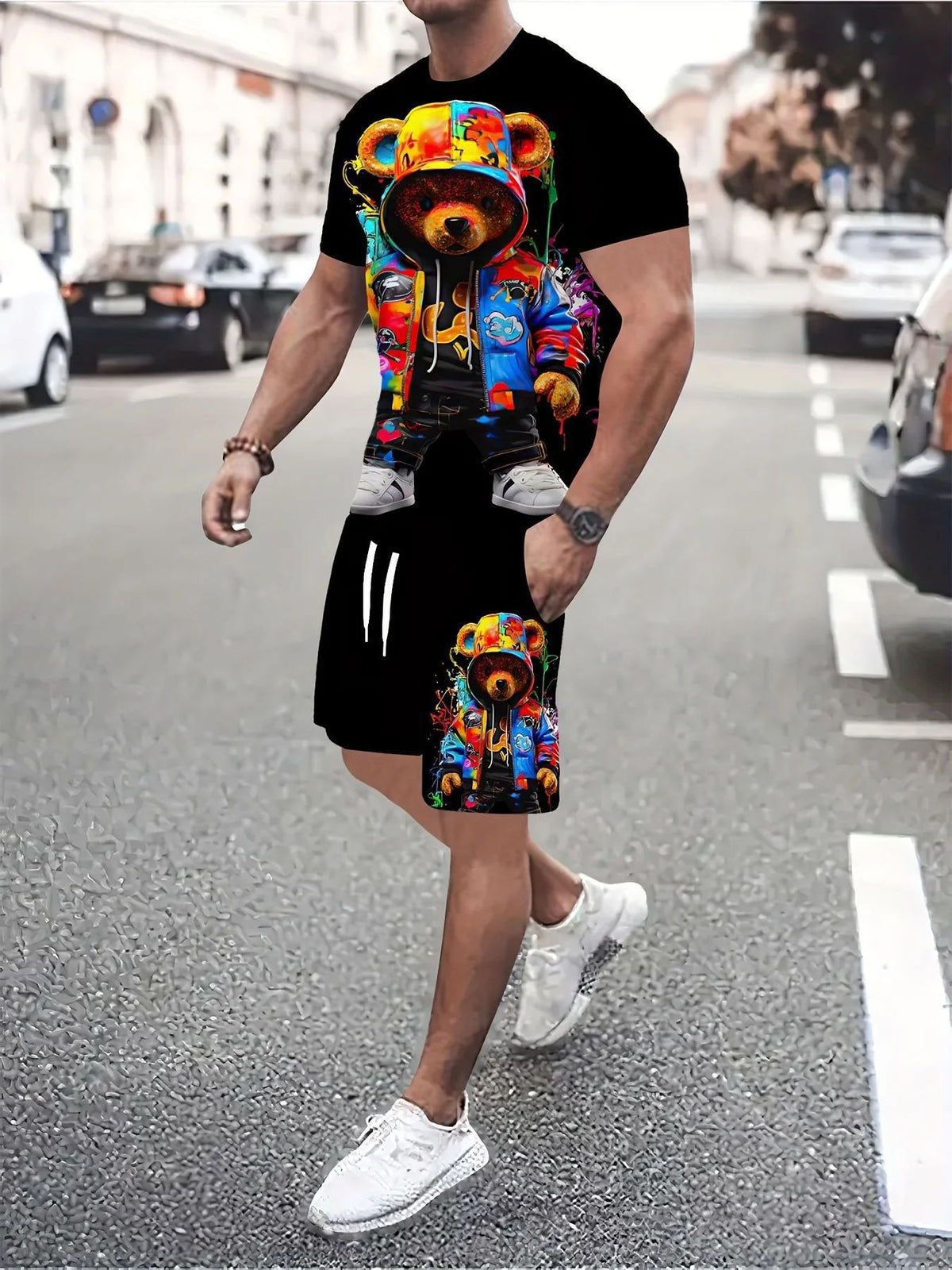 Men's Cartoon Rabbit Print Short-Sleeve T-Shirt and Shorts Set