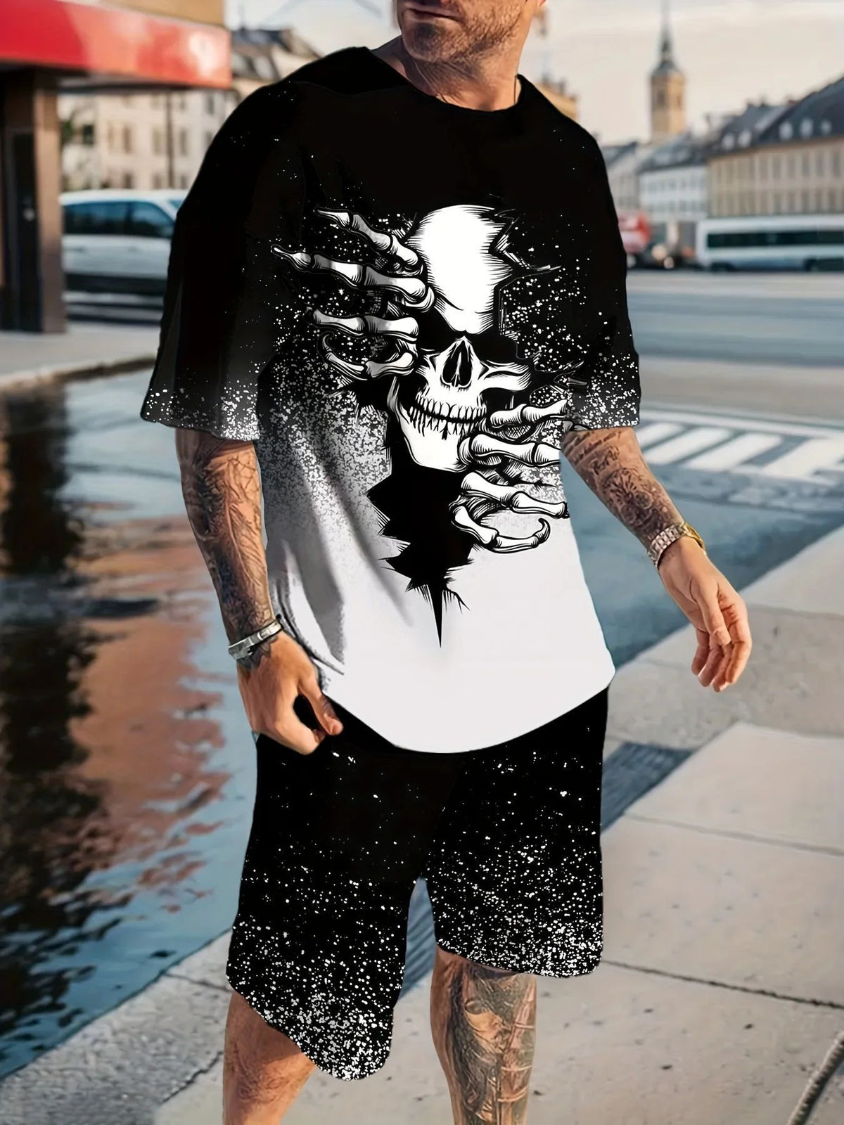 Men's Cartoon Rabbit Print Short-Sleeve T-Shirt and Shorts Set