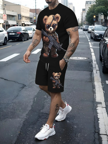 Men's Cartoon Rabbit Print Short-Sleeve T-Shirt and Shorts Set