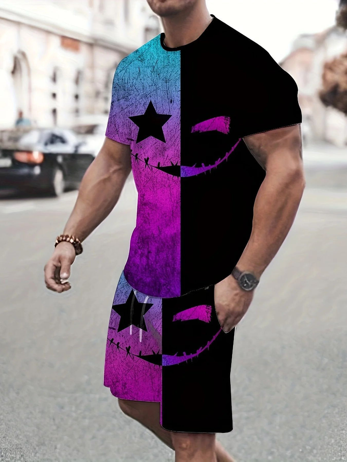 Men's Cartoon Rabbit Print Short-Sleeve T-Shirt and Shorts Set