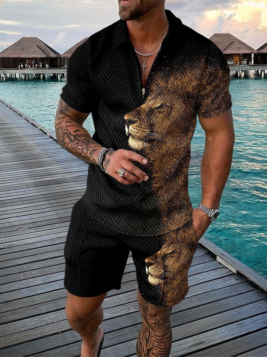 Men's Casual Color-Block Polo Shirt with Zip-Up Turn-Down Collar and Short-Sleeve