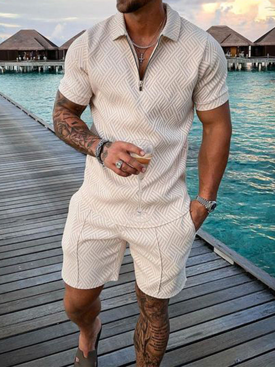 Men's Casual Color-Block Polo Shirt with Zip-Up Turn-Down Collar and Short-Sleeve