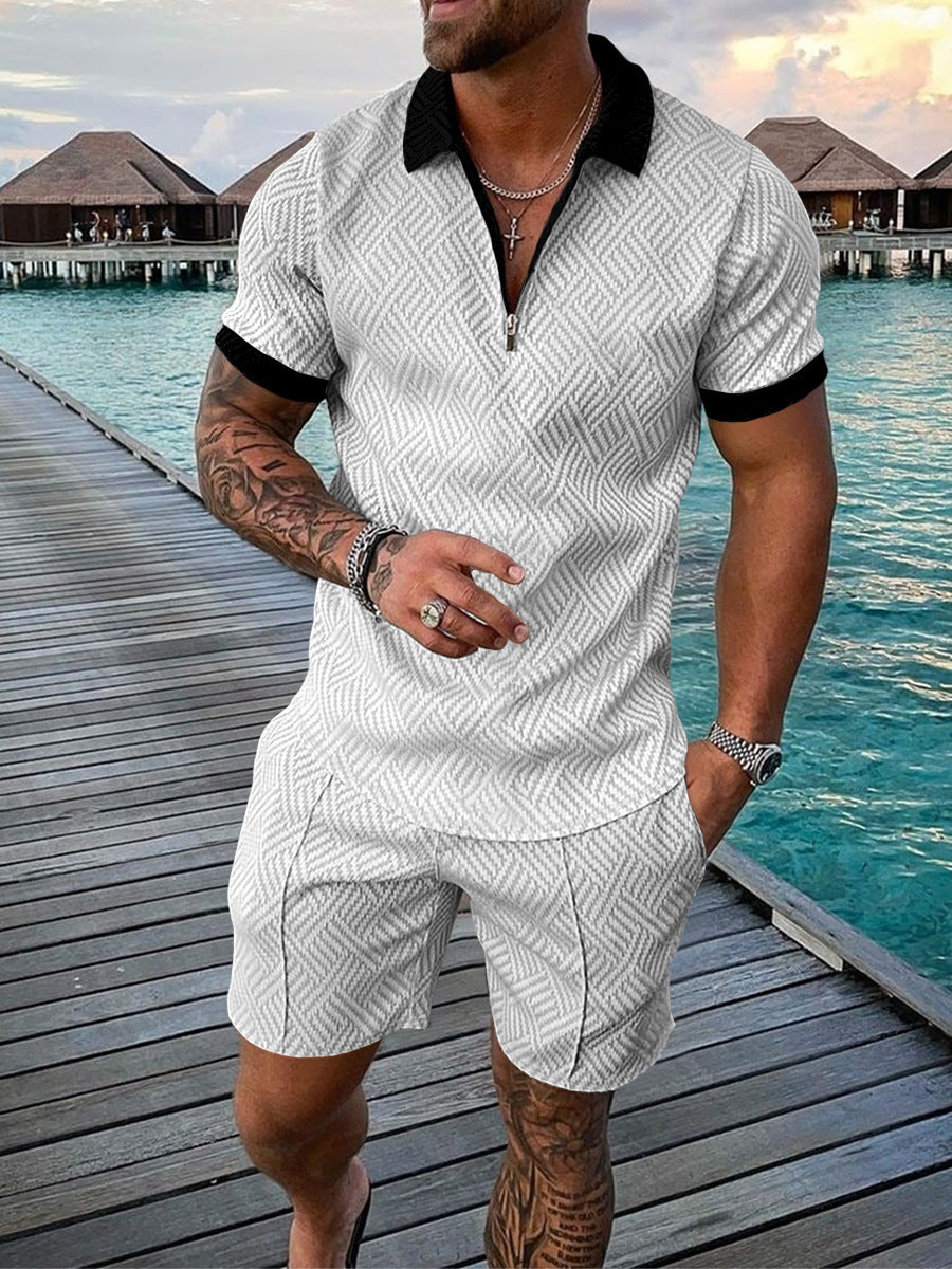 Men's Casual Color-Block Polo Shirt with Zip-Up Turn-Down Collar and Short-Sleeve