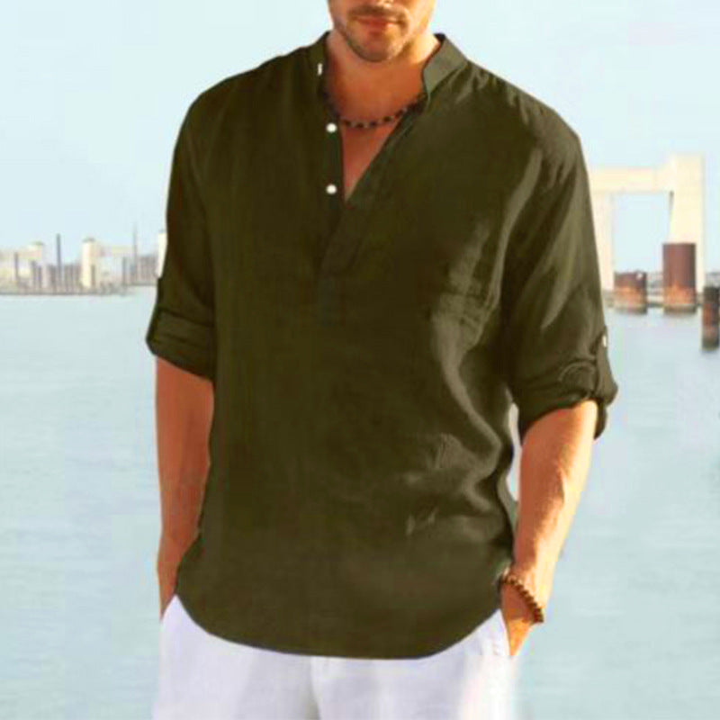 Men's Casual Cotton Stand Collar Loose Shirt