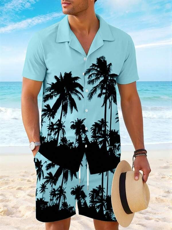 Men's Casual Cuban Collar Printed Shirt and Shorts Set