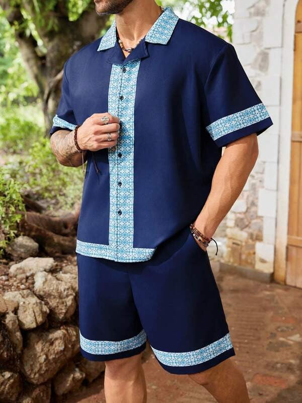 Men's Casual Cuban Collar Printed Shirt and Shorts Set