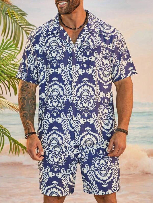 Men's Casual Cuban Collar Printed Shirt and Shorts Set