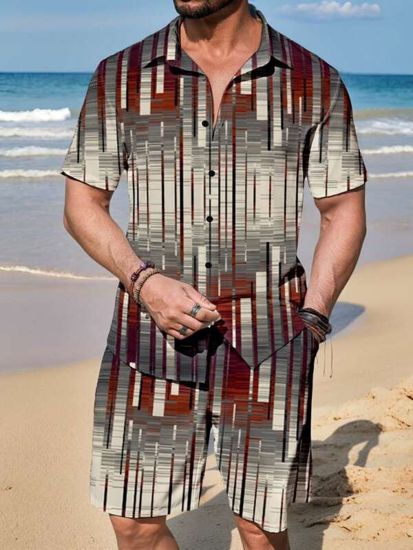Men's Casual Cuban Collar Printed Shirt and Shorts Set