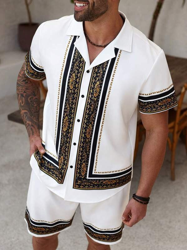 Men's Casual Cuban Collar Printed Shirt and Shorts Set
