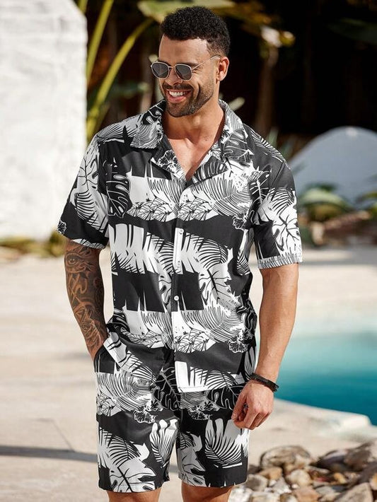 Men's Casual Cuban Collar Printed Shirt and Shorts Set