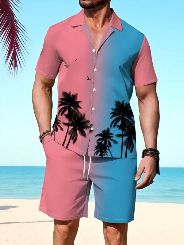 Men's Casual Cuban Collar Printed Shirt and Shorts Set