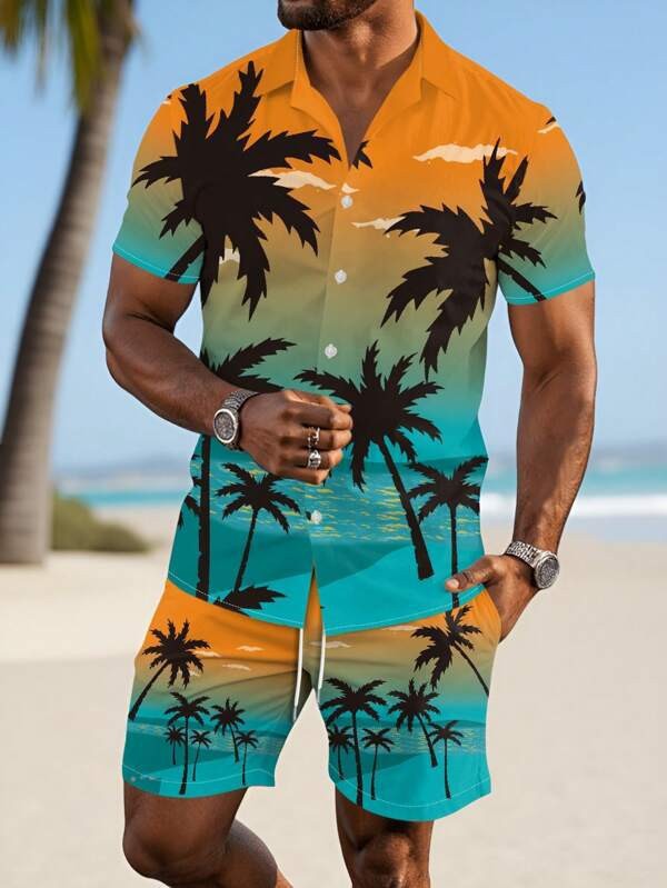 Men's Casual Cuban Collar Printed Shirt and Shorts Set