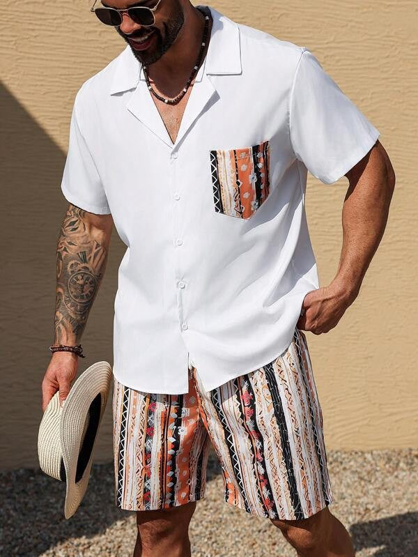 Men's Casual Cuban Collar Printed Shirt and Shorts Set