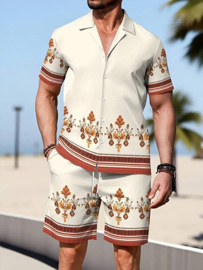 Men's Casual Cuban Collar Printed Shirt and Shorts Set