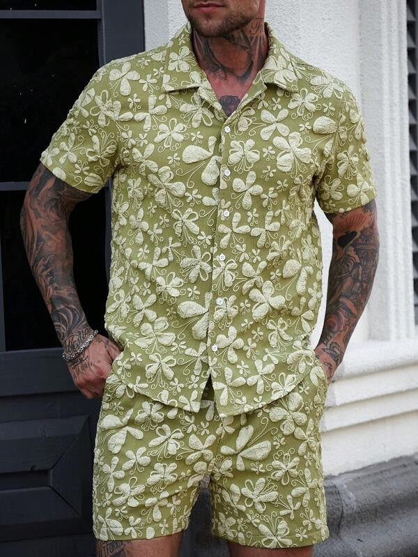 Men's Casual Cuban Collar Printed Shirt and Shorts Set