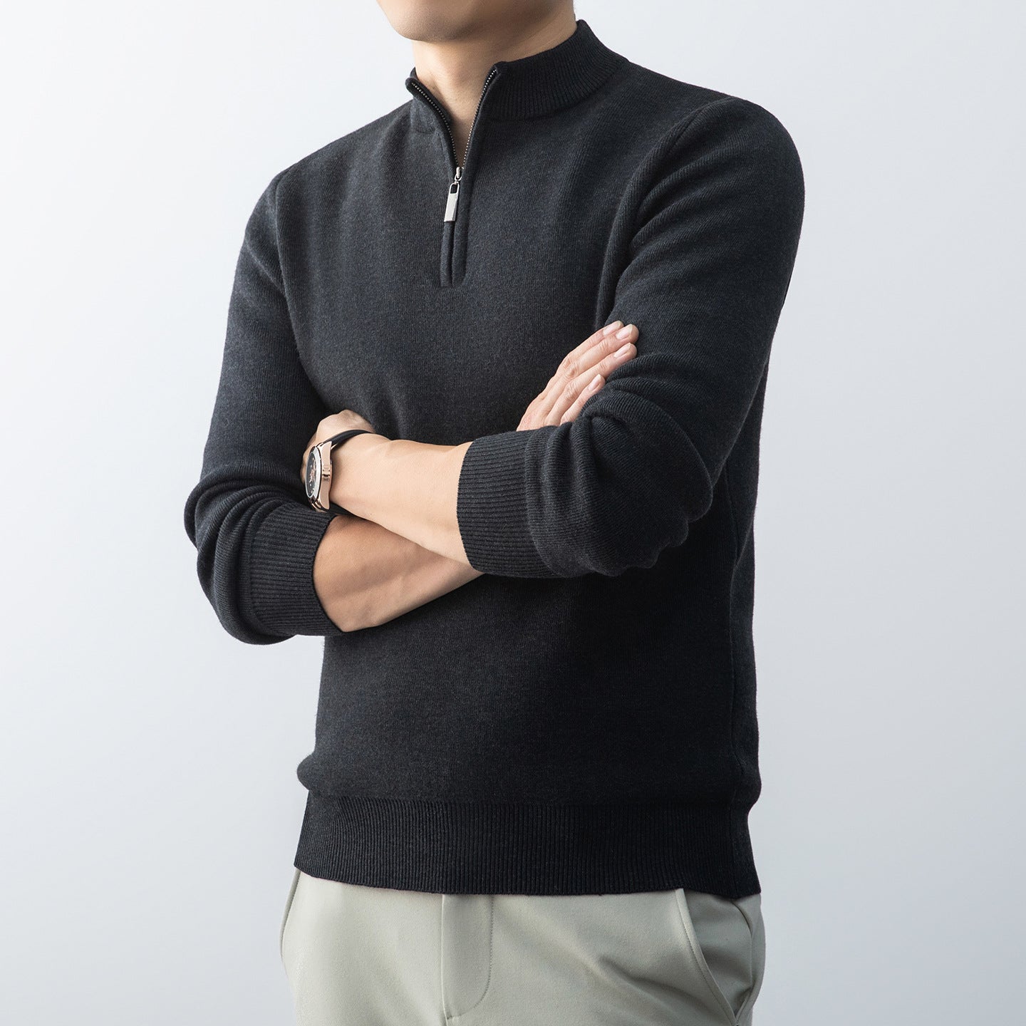 Men's Casual Fleece-Lined Knit Sweater with Zipper