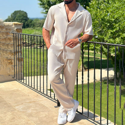 Men's Casual Lapel Short Sleeve Shirt and Trousers Set