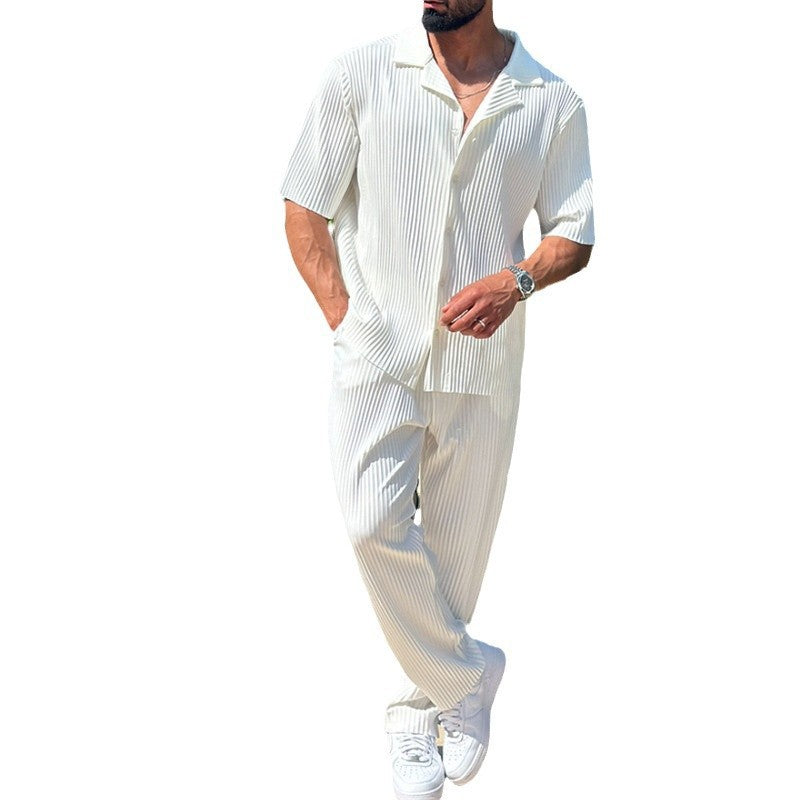 Men's Casual Lapel Short Sleeve Shirt and Trousers Set
