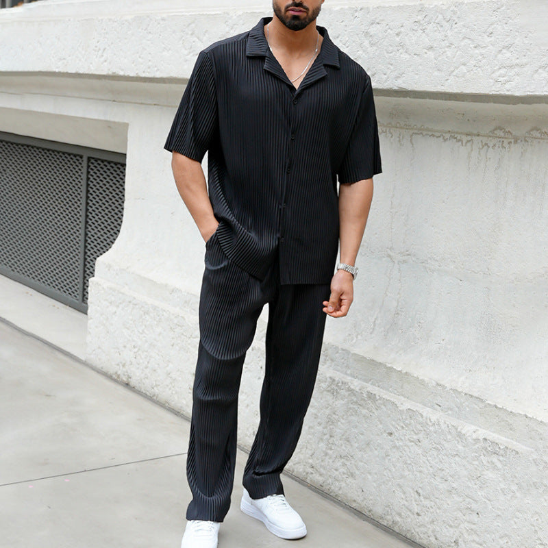 Men's Casual Lapel Short Sleeve Shirt and Trousers Set