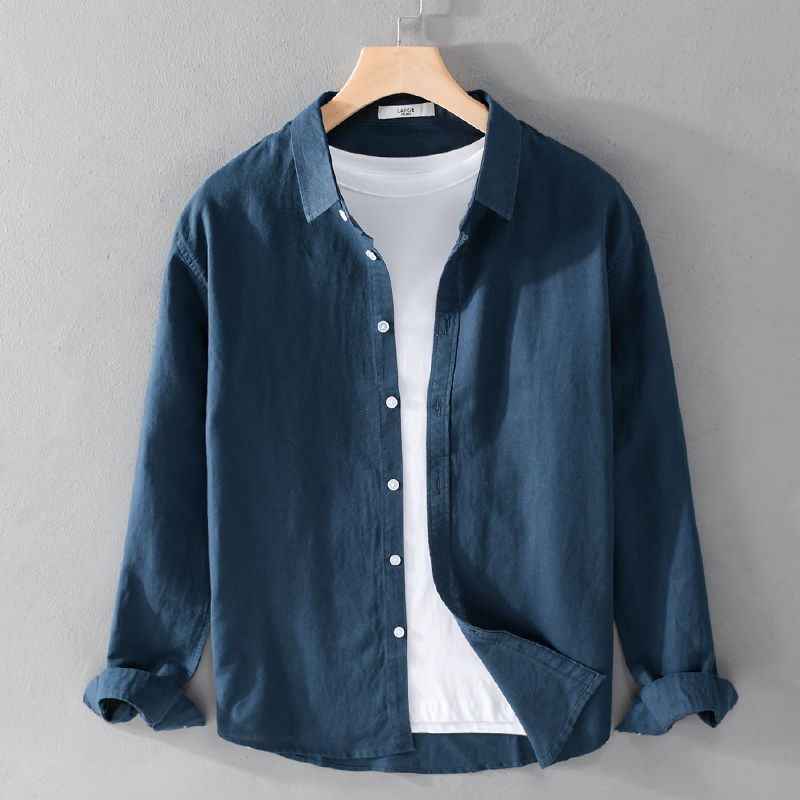 Men's Casual Linen Shirt Long Short Sleeve Breathable Cotton Blend