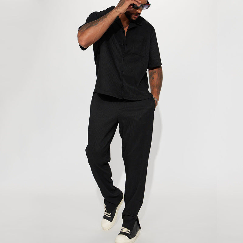 Men's Casual Short Sleeve Lapel Shirt and Long Pants Set