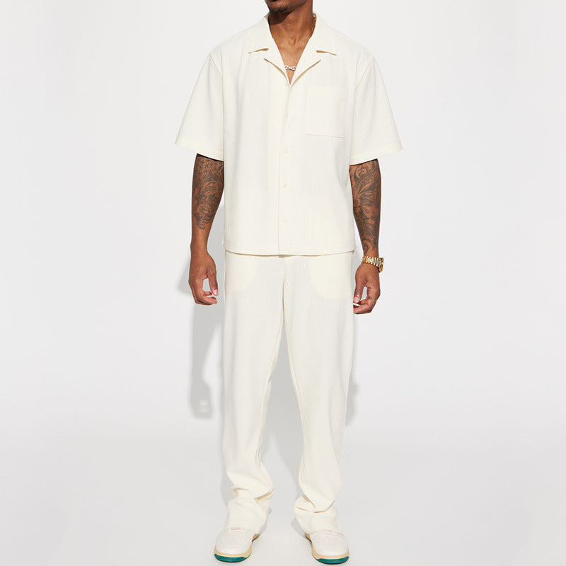 Men's Casual Short Sleeve Lapel Shirt and Long Pants Set