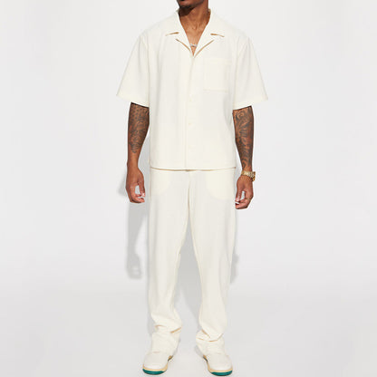 Men's Casual Short Sleeve Lapel Shirt and Long Pants Set