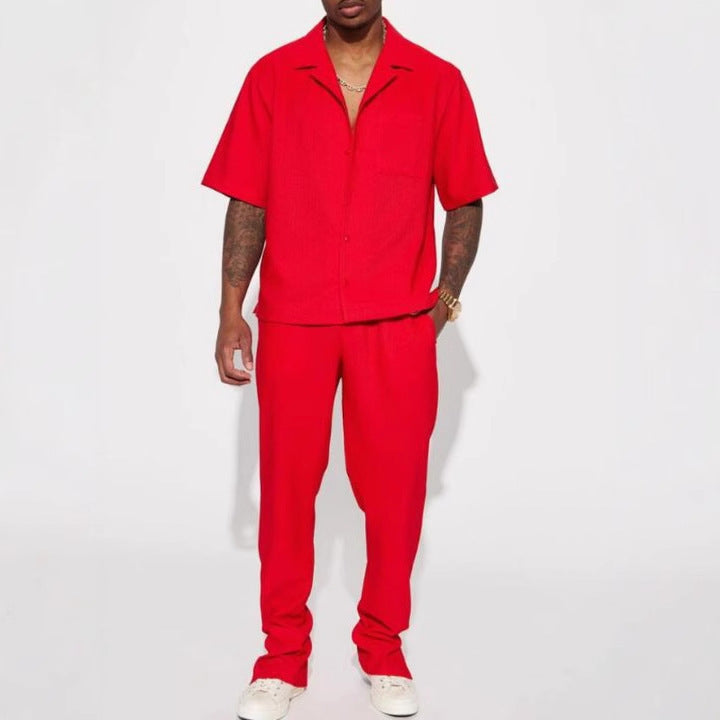 Men's Casual Short Sleeve Lapel Shirt and Long Pants Set