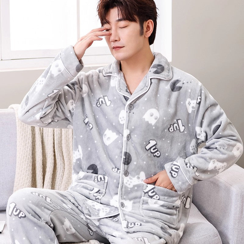Men's Coral Fleece Pajama Set Long Sleeve