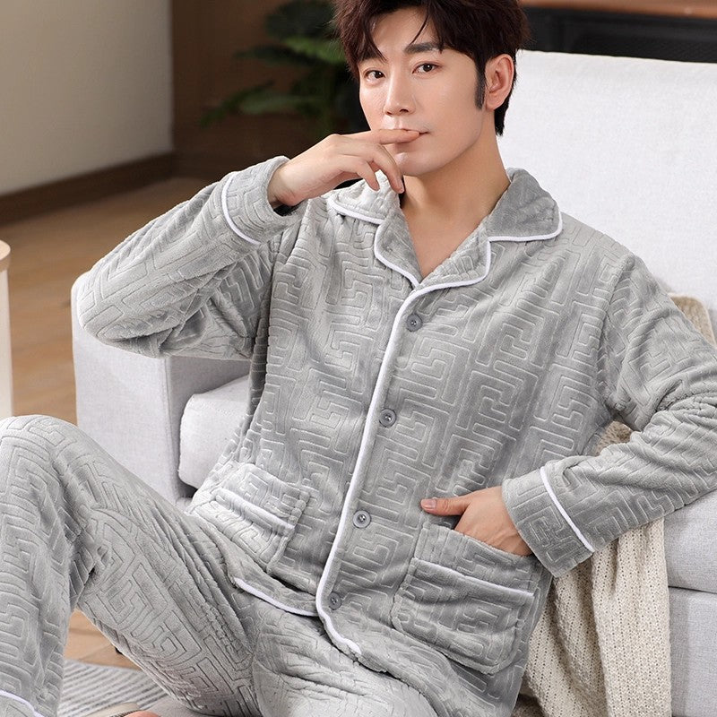 Men's Coral Fleece Pajama Set Long Sleeve