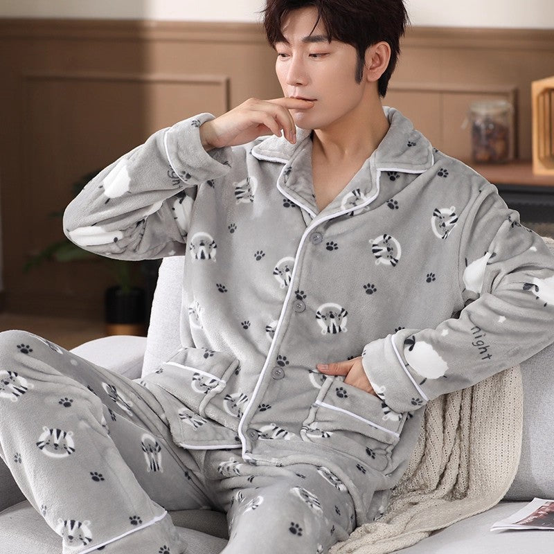 Men's Coral Fleece Pajama Set Long Sleeve