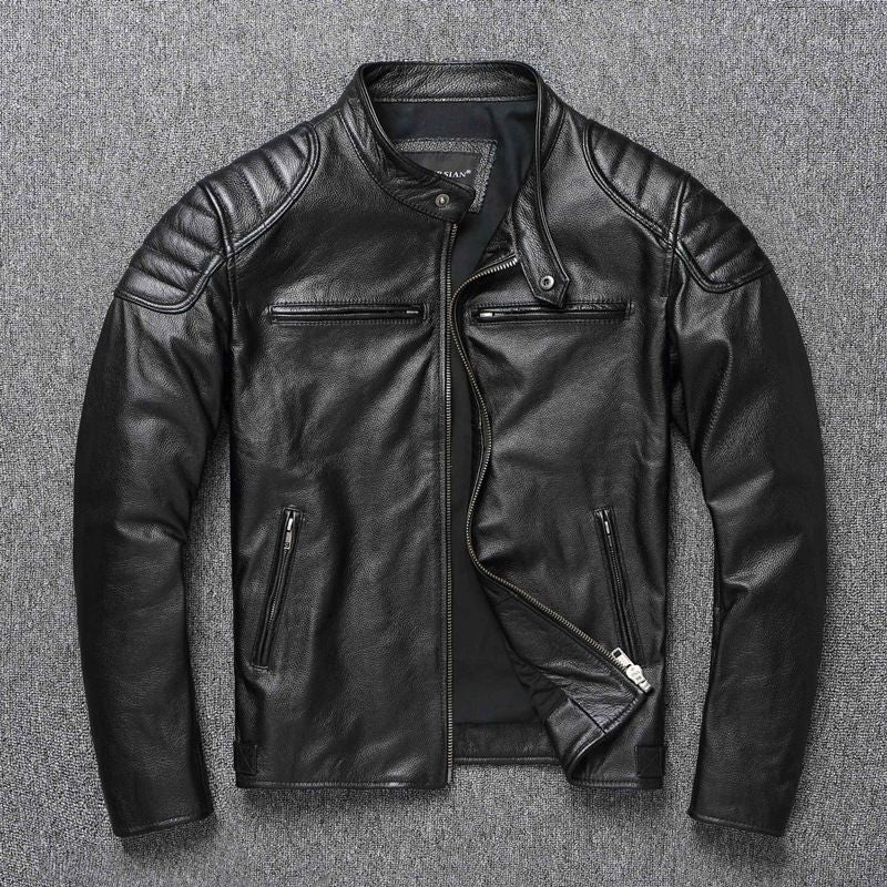 Men's Cowhide Leather Biker Jacket Windproof Stand Collar