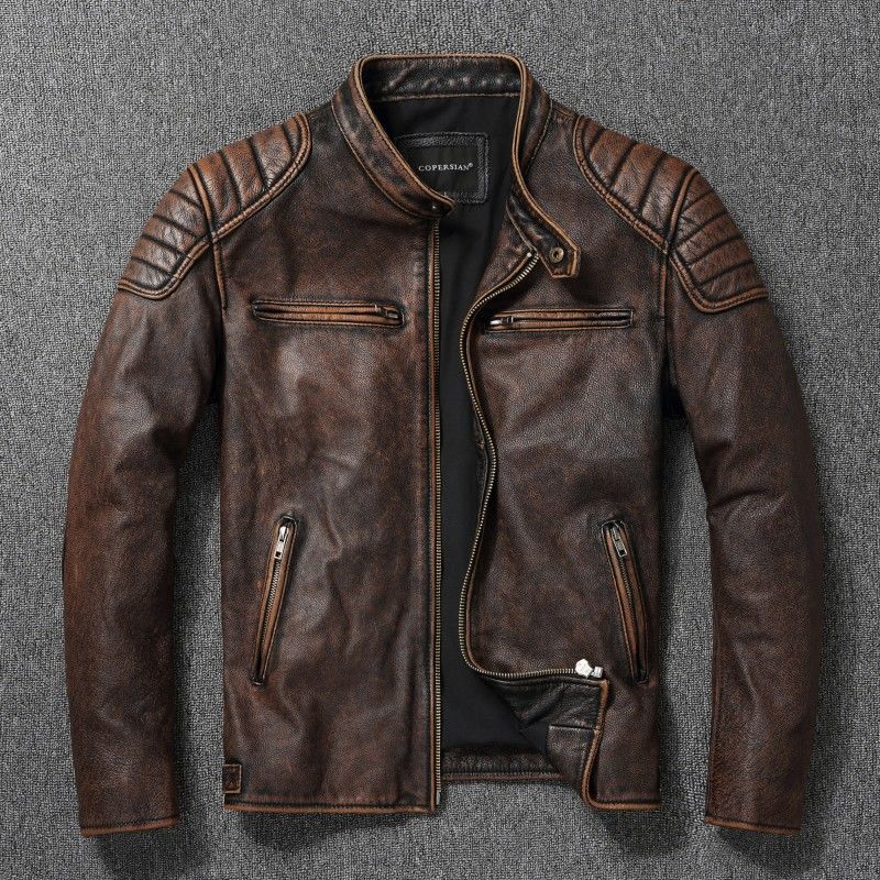 Men's Cowhide Leather Biker Jacket Windproof Stand Collar