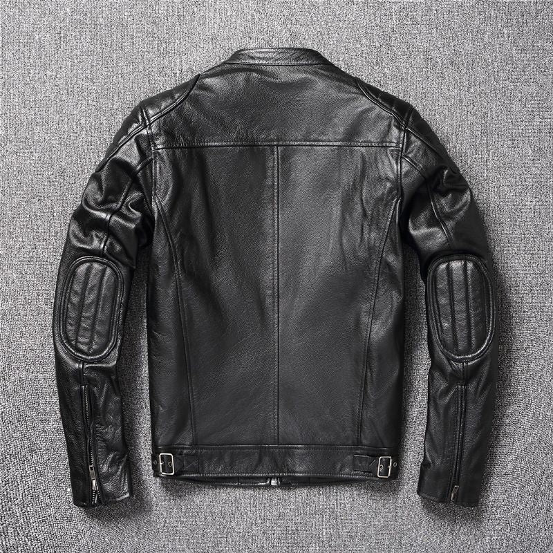 Men's Cowhide Leather Biker Jacket Windproof Stand Collar
