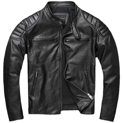 Men's Cowhide Leather Biker Jacket Windproof Stand Collar