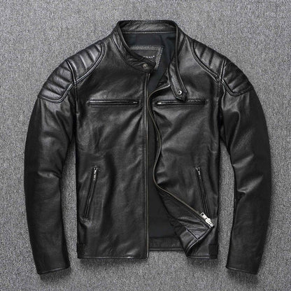 Men's Cowhide Leather Biker Jacket Windproof Stand Collar