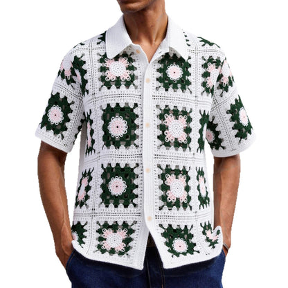 Men's Crochet Cut-Out Knit Polo Shirt