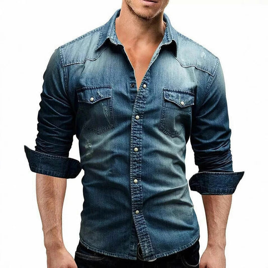 Men's Denim Jacket Shirt with Lapel Collar