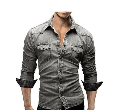Men's Denim Jacket Shirt with Lapel Collar