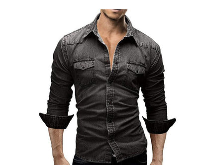 Men's Denim Jacket Shirt with Lapel Collar