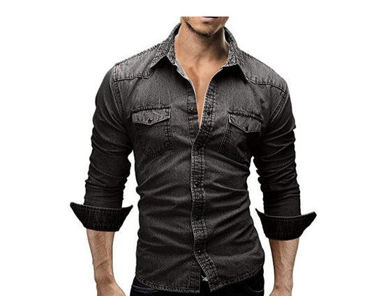Men's Denim Jacket Shirt with Lapel Collar