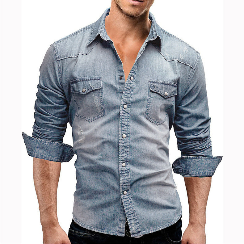 Men's Denim Jacket Shirt with Lapel Collar