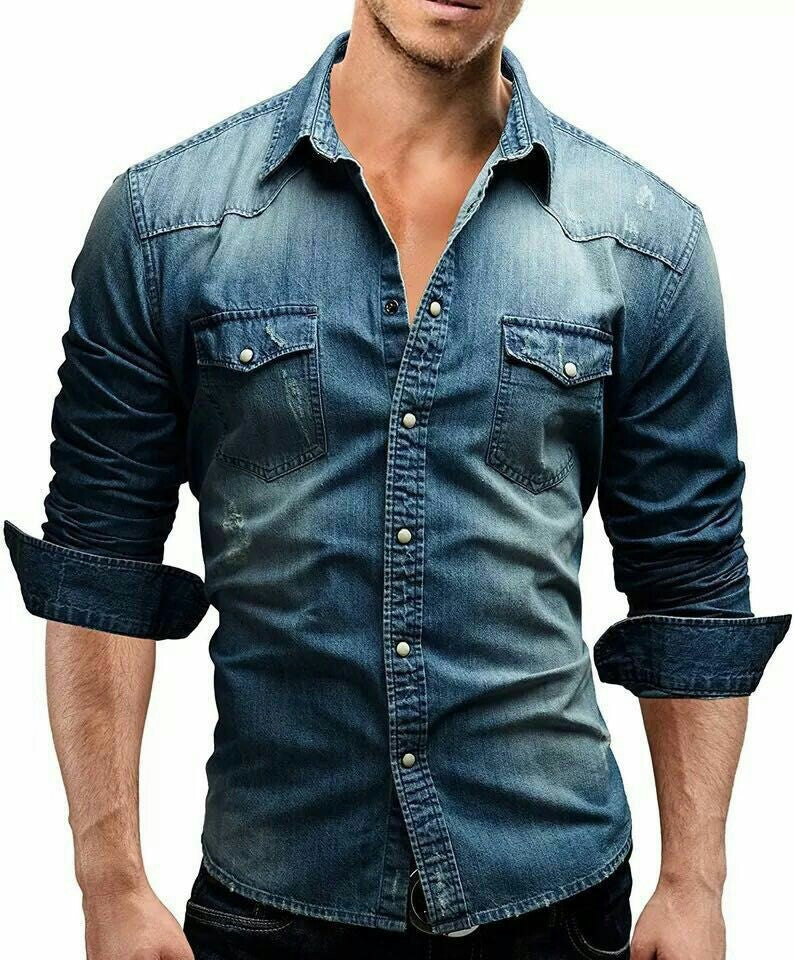 Men's Denim Jacket Shirt with Lapel Collar