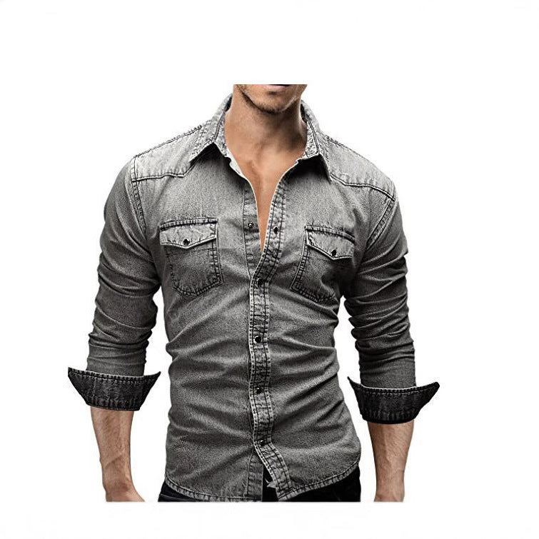 Men's Denim Jacket Shirt with Lapel Collar