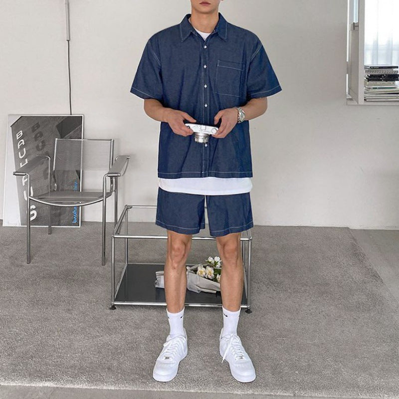 Men's Denim Shirt and Shorts Casual Set