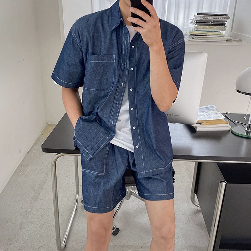 Men's Denim Shirt and Shorts Casual Set
