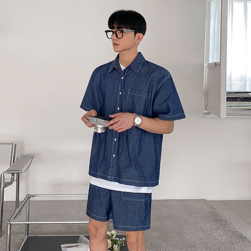 Men's Denim Shirt and Shorts Casual Set