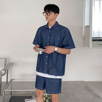 Men's Denim Shirt and Shorts Casual Set