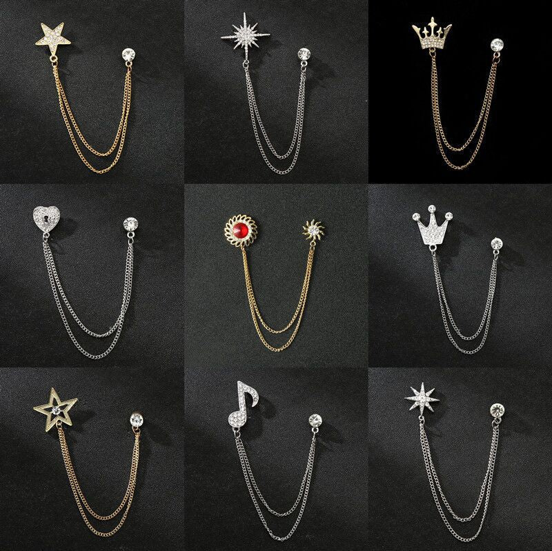 Men's Diamond Crown Star Brooch with Chain